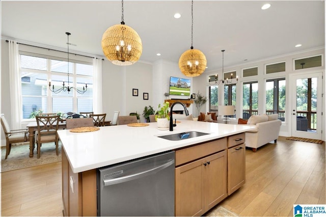 4549 Brexton St, Trussville, AL 35173 - kitchen with a chandelier, dishwasher, open floor plan, a center island with sink, and light wood-type flooring