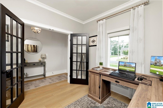 4549 Brexton St, Trussville, AL 35173 - home office featuring light wood-type flooring, ornamental molding, and french doors