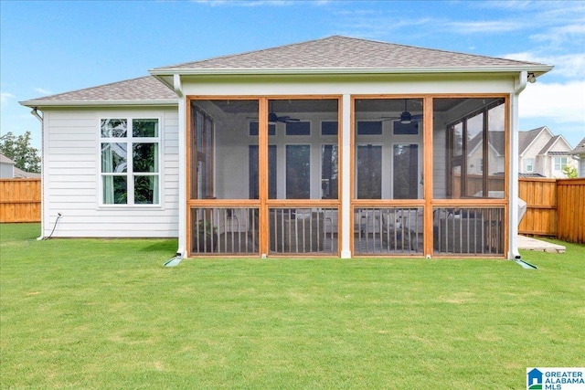 4549 Brexton St, Trussville, AL 35173 - back of house with a sunroom, roof with shingles, and ceiling fan