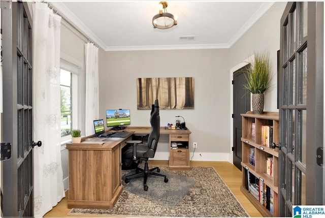 4549 Brexton St, Trussville, AL 35173 - office area with light wood-style flooring and crown molding