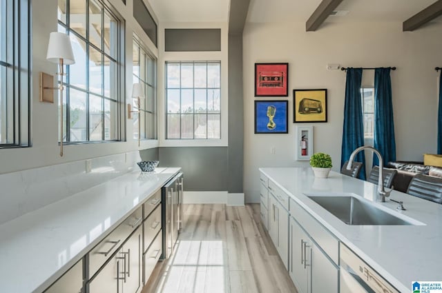 4549 Brexton St, Trussville, AL 35173 - kitchen with light countertops, beam ceiling, white cabinetry, and white dishwasher