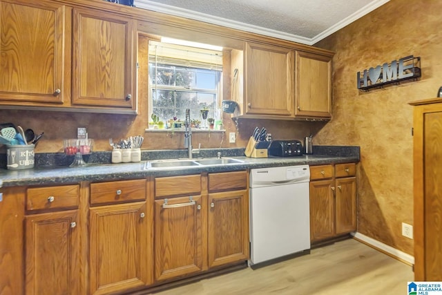 7839 Old Bradford Rd, Pinson, AL 35126 - kitchen featuring white dishwasher, crown molding, brown cabinets, light wood-style floors, and a textured ceiling