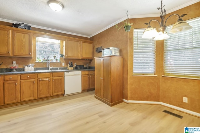 7839 Old Bradford Rd, Pinson, AL 35126 - kitchen featuring dishwasher, light wood-type flooring, ornamental molding, brown cabinetry, and a chandelier