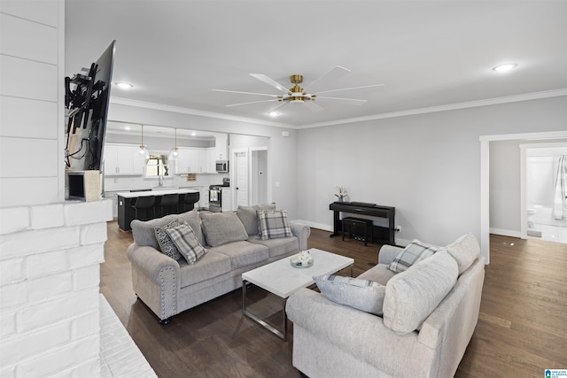 2024 Adams Ridge Dr, Chelsea, AL 35043 - living room featuring ceiling fan, crown molding, dark wood-style flooring, and recessed lighting