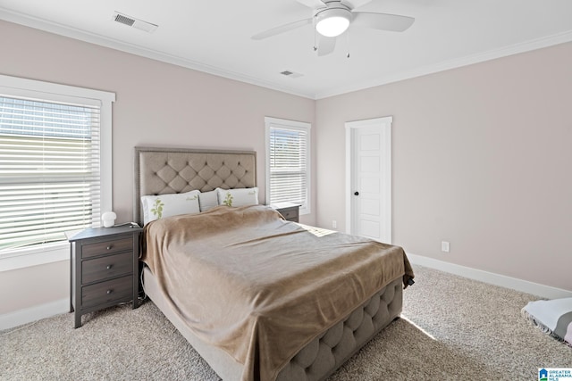 2024 Adams Ridge Dr, Chelsea, AL 35043 - bedroom featuring light colored carpet, crown molding, multiple windows, and a ceiling fan