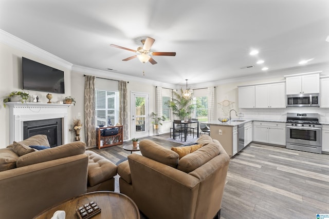 189 Ridgeline Dr, Chelsea, AL 35043 - living room featuring ornamental molding, healthy amount of natural light, ceiling fan, light wood-type flooring, and recessed lighting