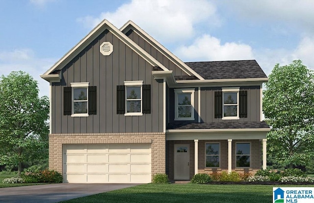 2037 Gadwall Dr, Alabaster, AL 35007 - view of front of property with board and batten siding, a shingled roof, brick siding, and a garage