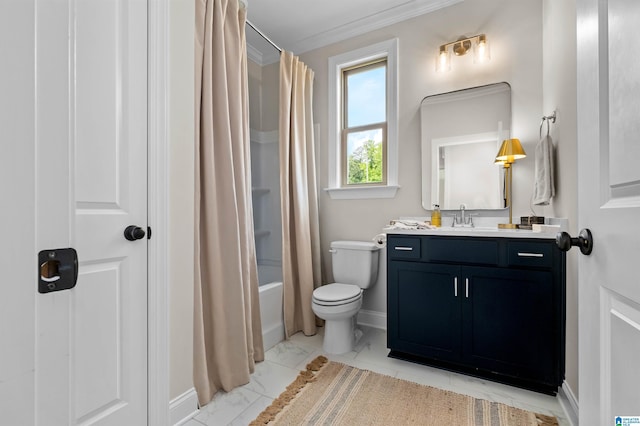 200 Simms Lndg, Pelham, AL 35124 - full bath featuring vanity, shower / bathtub combination with curtain, marble finish flooring, and crown molding