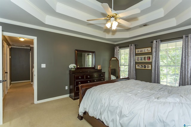 273 Forest Pkwy, Alabaster, AL 35007 - bedroom featuring crown molding, a raised ceiling, light carpet, and a ceiling fan
