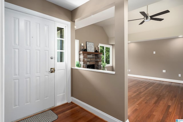 1228 Macqueen Dr, Helena, AL 35080 - foyer entrance featuring wood finished floors, a ceiling fan, and vaulted ceiling