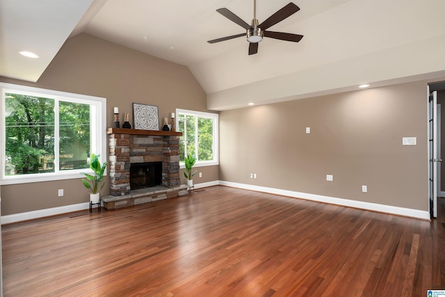 1228 Macqueen Dr, Helena, AL 35080 - unfurnished living room featuring a ceiling fan, lofted ceiling, wood finished floors, a fireplace, and recessed lighting