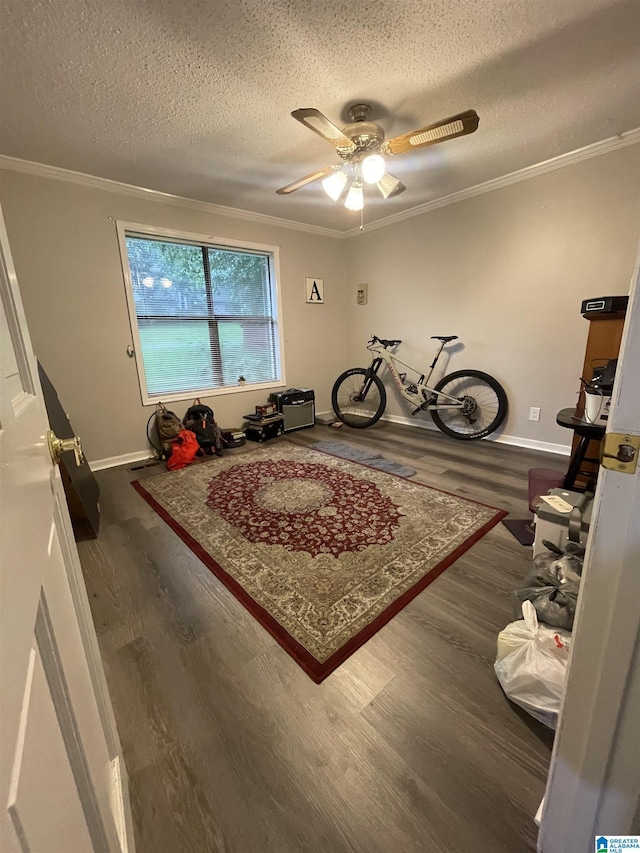 7821 Shriner Dr, Pinson, AL 35126 - workout room with wood finished floors, crown molding, a textured ceiling, and ceiling fan