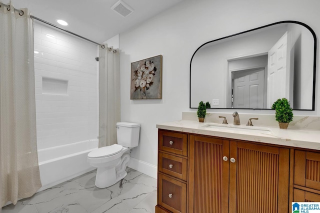 7174 Rowan Rd, Leeds, AL 35094 - full bath featuring shower / bath combo with shower curtain, marble finish flooring, vanity, and recessed lighting