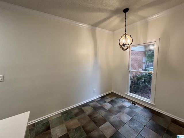 3041 Old Stone Dr, Birmingham, AL 35242 - empty room with a chandelier, stone finish flooring, a textured ceiling, and crown molding
