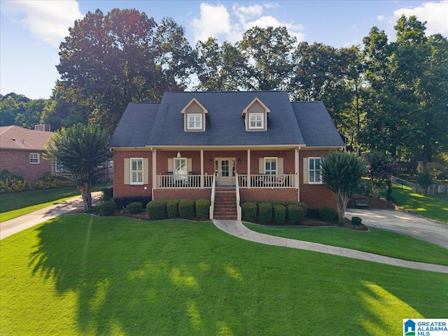 315 Roundabout Dr, Trussville, AL 35173 - cape cod home with covered porch, brick siding, a front yard, and stairs