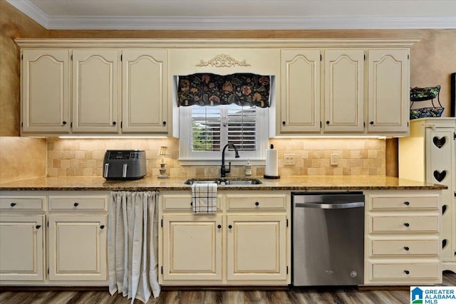 315 Roundabout Dr, Trussville, AL 35173 - kitchen with stainless steel dishwasher, cream cabinets, light stone countertops, tasteful backsplash, and crown molding