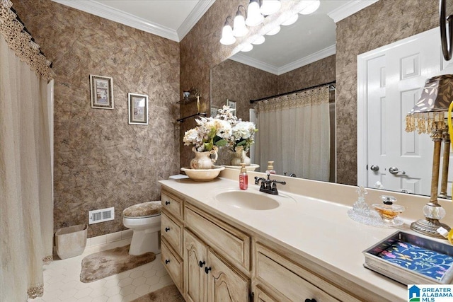 315 Roundabout Dr, Trussville, AL 35173 - bathroom with vanity, ornamental molding, tile patterned floors, and a shower with shower curtain