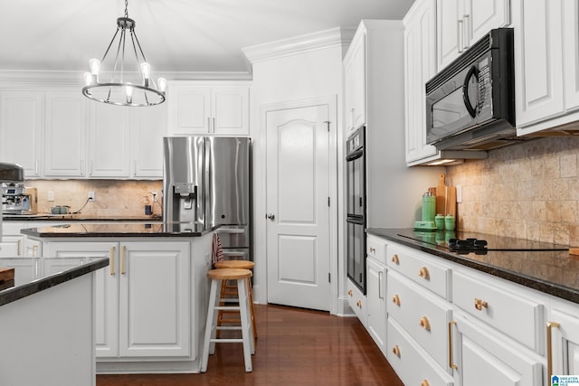 3037 Twelve Stones Rd SE, Owens Cross Roads, AL 35763 - kitchen with black appliances, white cabinets, decorative backsplash, and ornamental molding