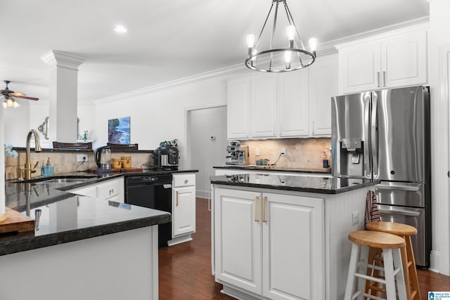 3037 Twelve Stones Rd SE, Owens Cross Roads, AL 35763 - kitchen with stainless steel refrigerator with ice dispenser, dishwasher, decorative backsplash, a kitchen island, and dark wood finished floors