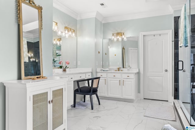 3037 Twelve Stones Rd SE, Owens Cross Roads, AL 35763 - full bathroom featuring marble finish flooring, a chandelier, two vanities, ornamental molding, and a stall shower