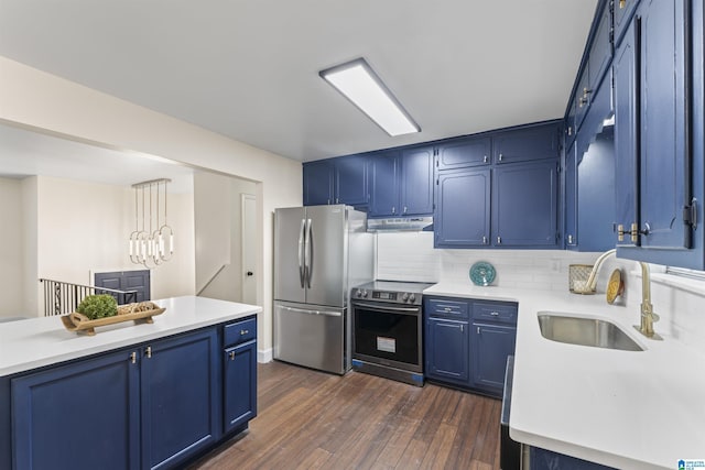 2649 6th St NE, Center Point, AL 35215 - kitchen featuring appliances with stainless steel finishes, under cabinet range hood, dark wood-type flooring, and blue cabinets