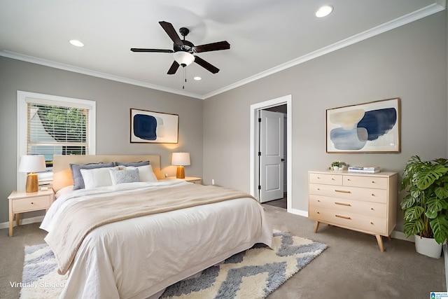 5181 Cruise St, Trussville, AL 35173 - bedroom with crown molding, light colored carpet, recessed lighting, and a ceiling fan