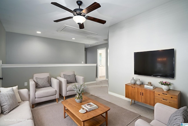 5181 Cruise St, Trussville, AL 35173 - living area featuring attic access, ceiling fan, light colored carpet, and recessed lighting