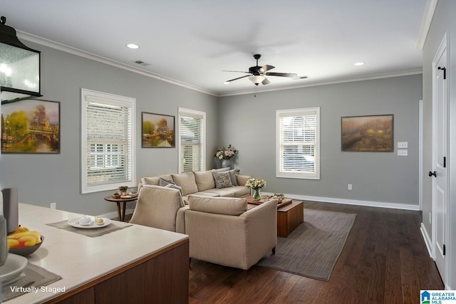 5181 Cruise St, Trussville, AL 35173 - living room featuring ceiling fan, dark wood-style flooring, ornamental molding, and recessed lighting