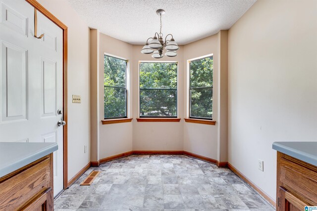 13462 Douglas Dr, Lake View, AL 35111 - unfurnished dining area with a chandelier, stone finish flooring, and a textured ceiling