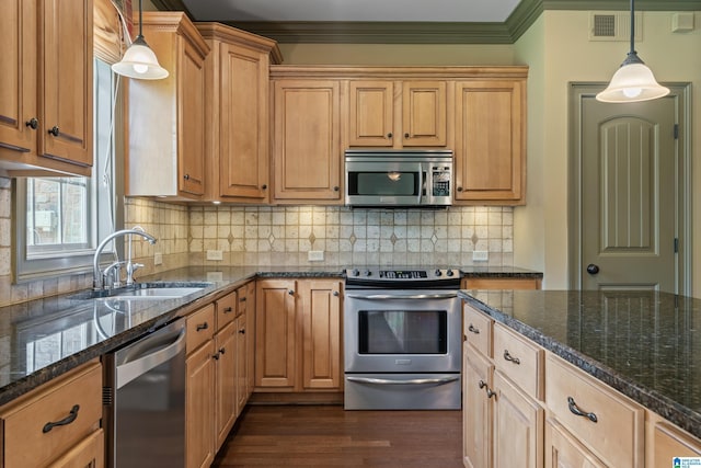 163 River Valley Rd, Helena, AL 35080 - kitchen with appliances with stainless steel finishes, ornamental molding, backsplash, dark wood-style flooring, and dark stone countertops