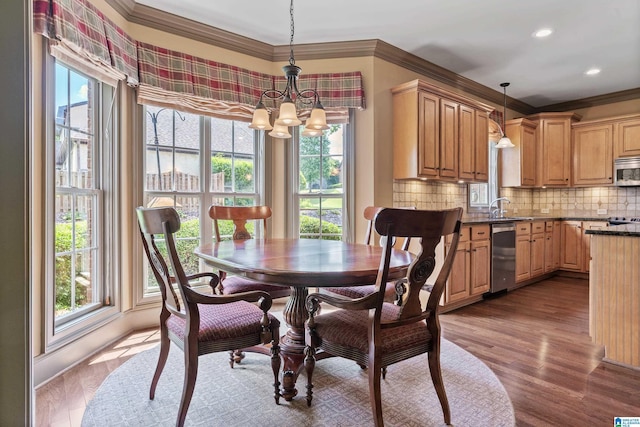 163 River Valley Rd, Helena, AL 35080 - dining area featuring a chandelier, crown molding, dark wood-type flooring, and recessed lighting