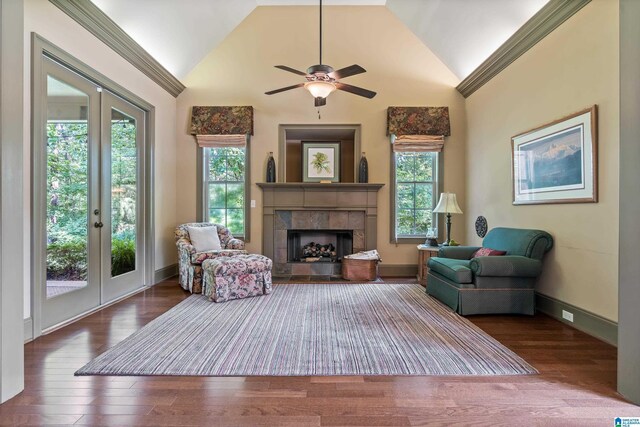 163 River Valley Rd, Helena, AL 35080 - living room with vaulted ceiling, french doors, healthy amount of natural light, a tile fireplace, and a ceiling fan