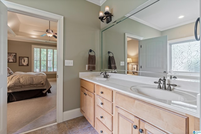 163 River Valley Rd, Helena, AL 35080 - full bath featuring ornamental molding, connected bathroom, double vanity, ceiling fan, and tile patterned floors