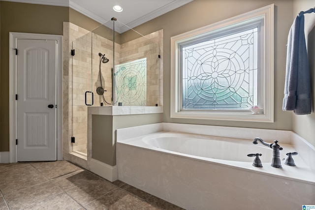 163 River Valley Rd, Helena, AL 35080 - full bath featuring a bath, crown molding, a shower stall, and tile patterned flooring
