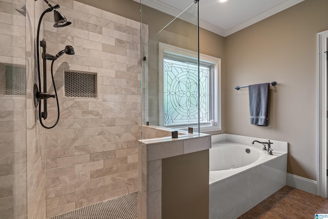 163 River Valley Rd, Helena, AL 35080 - full bathroom featuring walk in shower, a whirlpool tub, ornamental molding, and tile patterned flooring