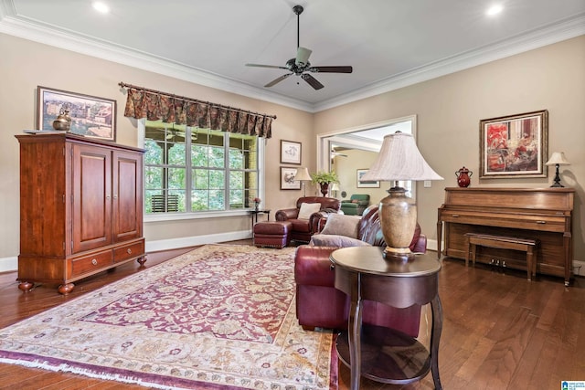 163 River Valley Rd, Helena, AL 35080 - living area with a ceiling fan, dark wood-type flooring, ornamental molding, and recessed lighting