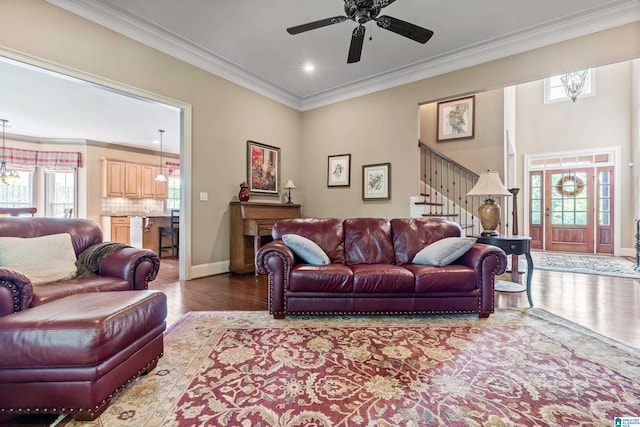 163 River Valley Rd, Helena, AL 35080 - living room featuring wood finished floors, stairway, a ceiling fan, crown molding, and recessed lighting
