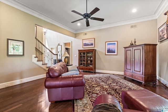 163 River Valley Rd, Helena, AL 35080 - living area with dark wood-type flooring, a ceiling fan, ornamental molding, stairs, and recessed lighting