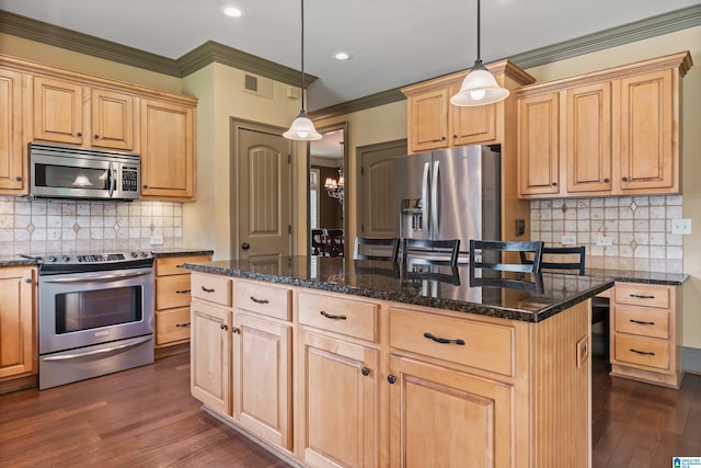 163 River Valley Rd, Helena, AL 35080 - kitchen with stainless steel appliances, light brown cabinetry, crown molding, dark wood-style flooring, and backsplash