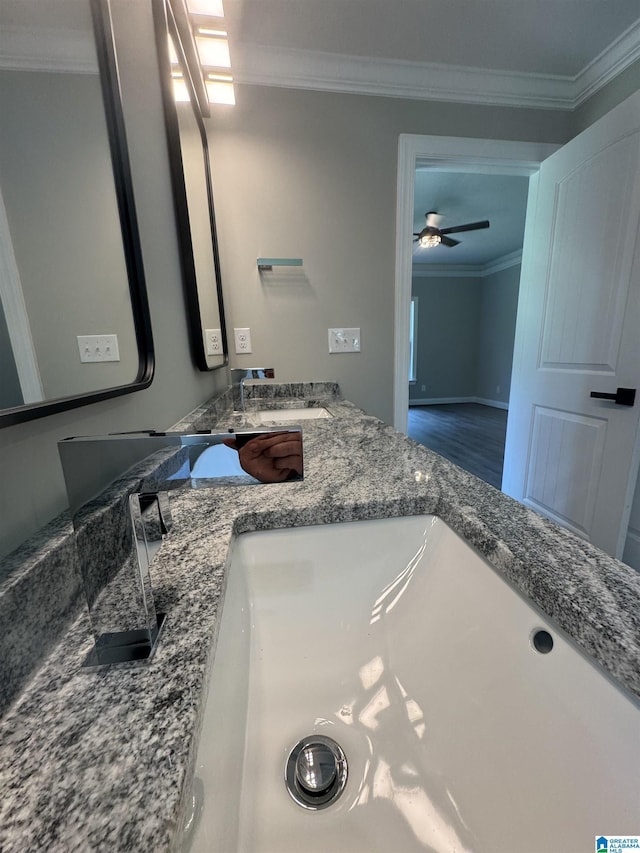 21320 Callie Cir, Mccalla, AL 35111 - bathroom with ornamental molding, wood finished floors, a ceiling fan, and double vanity