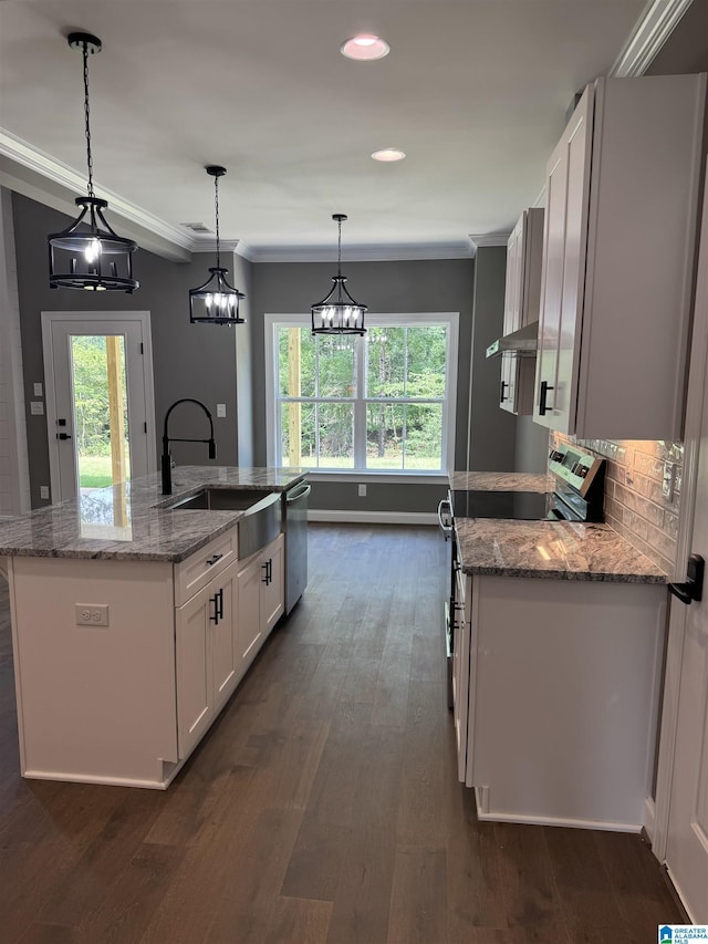 21320 Callie Cir, Mccalla, AL 35111 - kitchen featuring stainless steel appliances, wall chimney exhaust hood, a kitchen island with sink, white cabinetry, and dark wood-style floors
