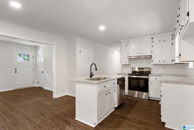 4533 Oak Dr, Pinson, AL 35126 - kitchen featuring appliances with stainless steel finishes, under cabinet range hood, dark wood-style flooring, backsplash, and recessed lighting