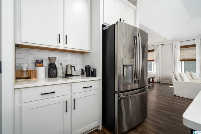 4945 Natalie Way, Trussville, AL 35173 - kitchen featuring stainless steel fridge, backsplash, dark wood finished floors, white cabinets, and light countertops