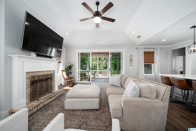 4945 Natalie Way, Trussville, AL 35173 - living room featuring ceiling fan, dark wood-style flooring, lofted ceiling, recessed lighting, and a brick fireplace