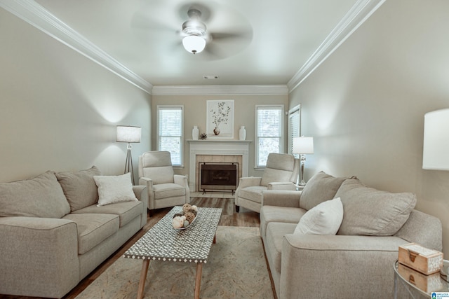 1186 Inverness Cove Way, Hoover, AL 35242 - living room with wood finished floors, a ceiling fan, ornamental molding, and a fireplace