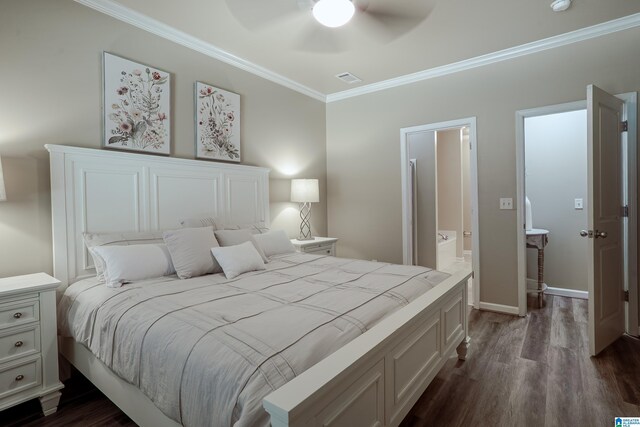 1186 Inverness Cove Way, Hoover, AL 35242 - bedroom with crown molding, dark wood-style floors, connected bathroom, and ceiling fan