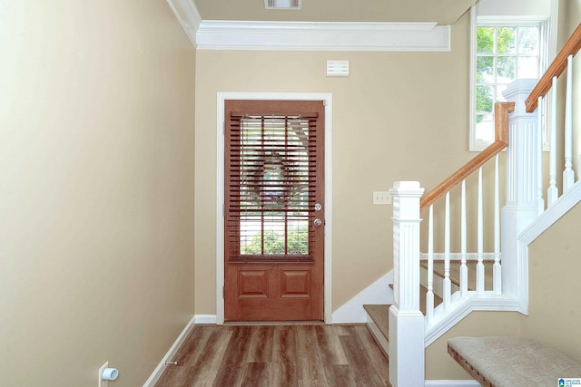 1186 Inverness Cove Way, Hoover, AL 35242 - foyer entrance featuring ornamental molding, stairway, and wood finished floors