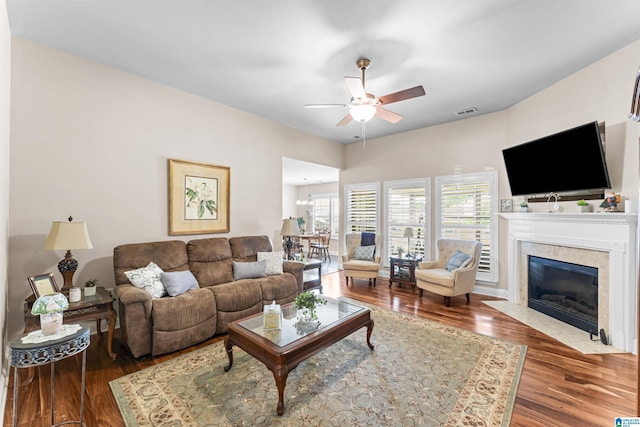 417 Rock View Trl, Maylene, AL 35114 - living room featuring ceiling fan, wood finished floors, and a high end fireplace