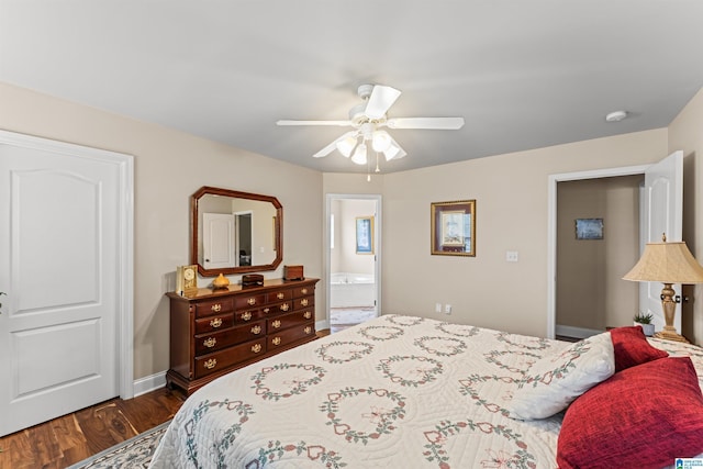 417 Rock View Trl, Maylene, AL 35114 - bedroom with dark wood-style floors, ceiling fan, and ensuite bath