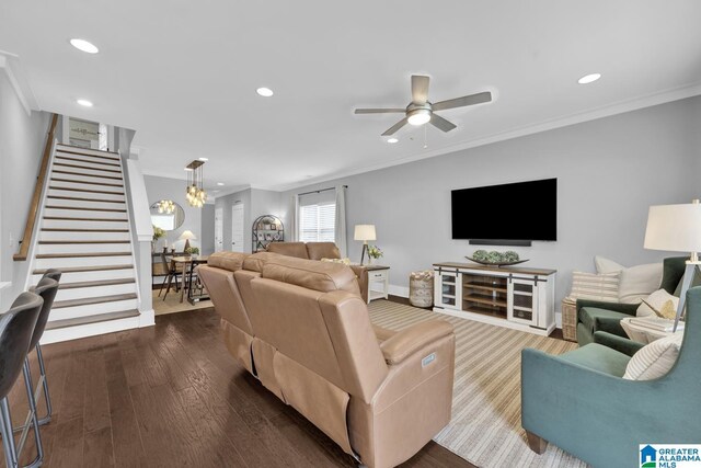 7808 Jayden Dr, Trussville, AL 35173 - living area featuring stairs, crown molding, recessed lighting, ceiling fan, and dark wood-style floors